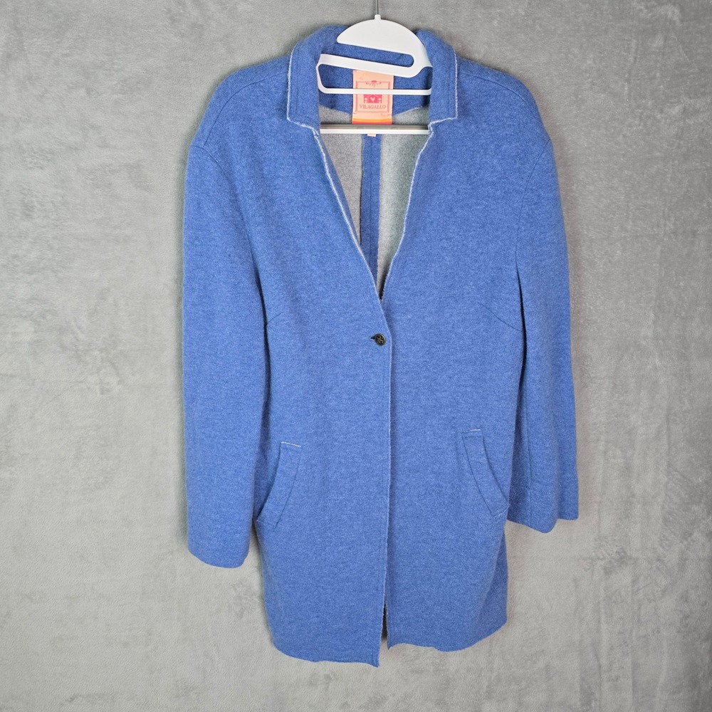 Vilagallo Blue Wool Blend Knit Coat Single Button Notched Lapel Size 40 Italy